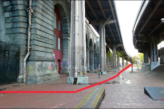Rodriguez says this image "shows the area that will be closed for the 4 years after they paint the overpasses. Â Everything to the left of the red line will be behind a temporary wall (the line goes all the way to Rose street- that is the closed road between the big banks and the small banks) This will pretty much make the actual 'banks' unrideable because as we all know it is very difficult to ride them from such an extreme angle."